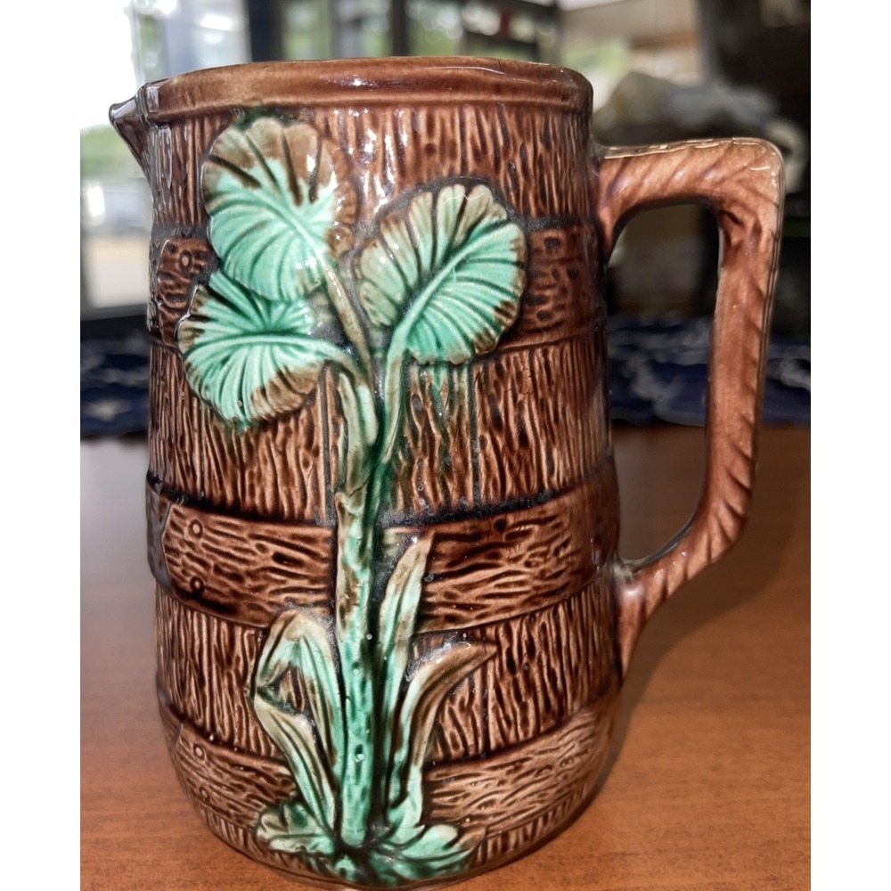 RARE! COLLECTIBLE Antique Majolica WOOD / Bamboo Pitcher!
